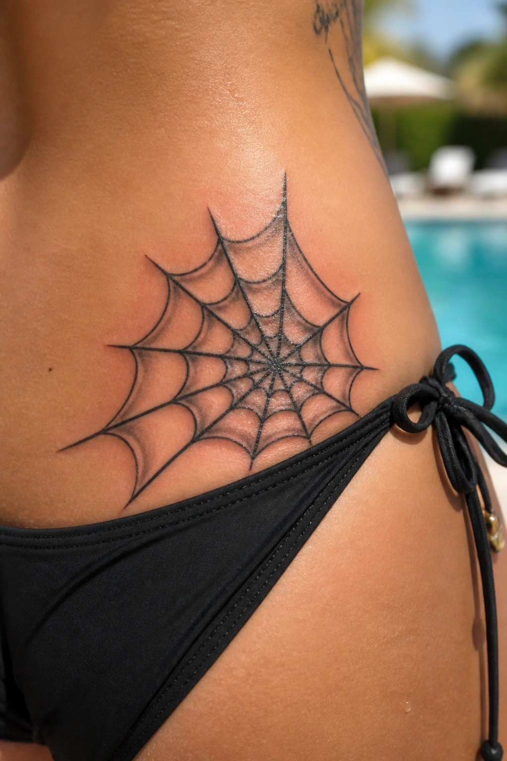 Black spider web tattoo on the hip with bold lines and shading, placed above black bikini bottoms.