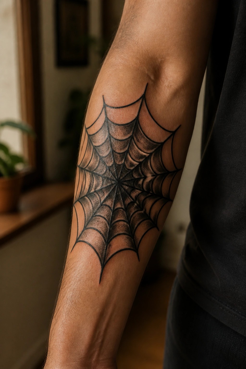 Traditional spider web tattoo with bold black lines and shading on the inner forearm near the elbow