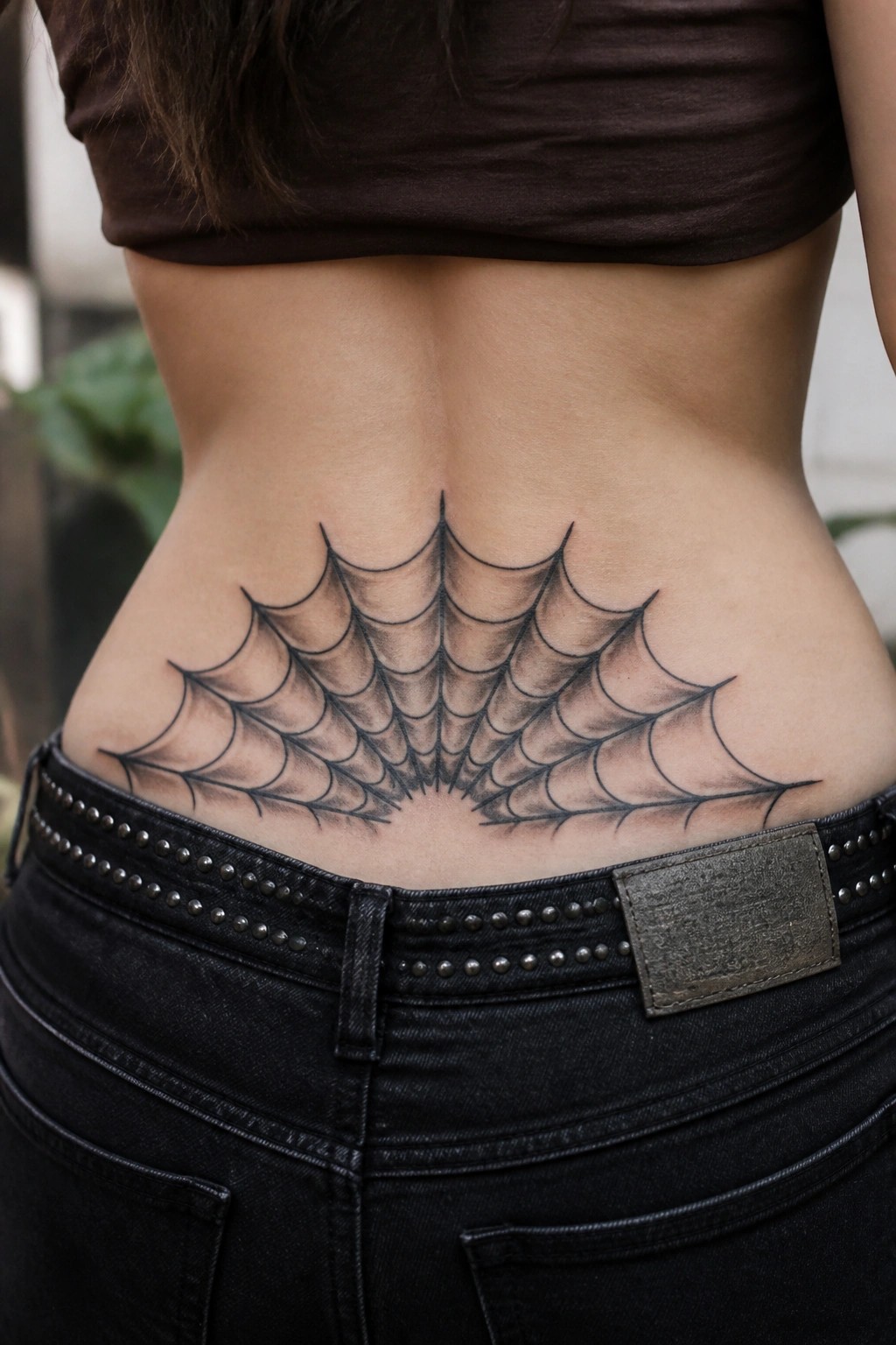 Black spiderweb tattoo on lower back above studded black jeans and brown top