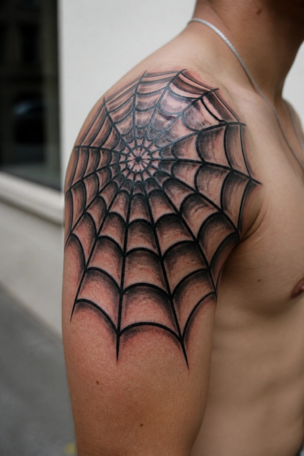 Black spider web tattoo on bare shoulder with red irritated skin