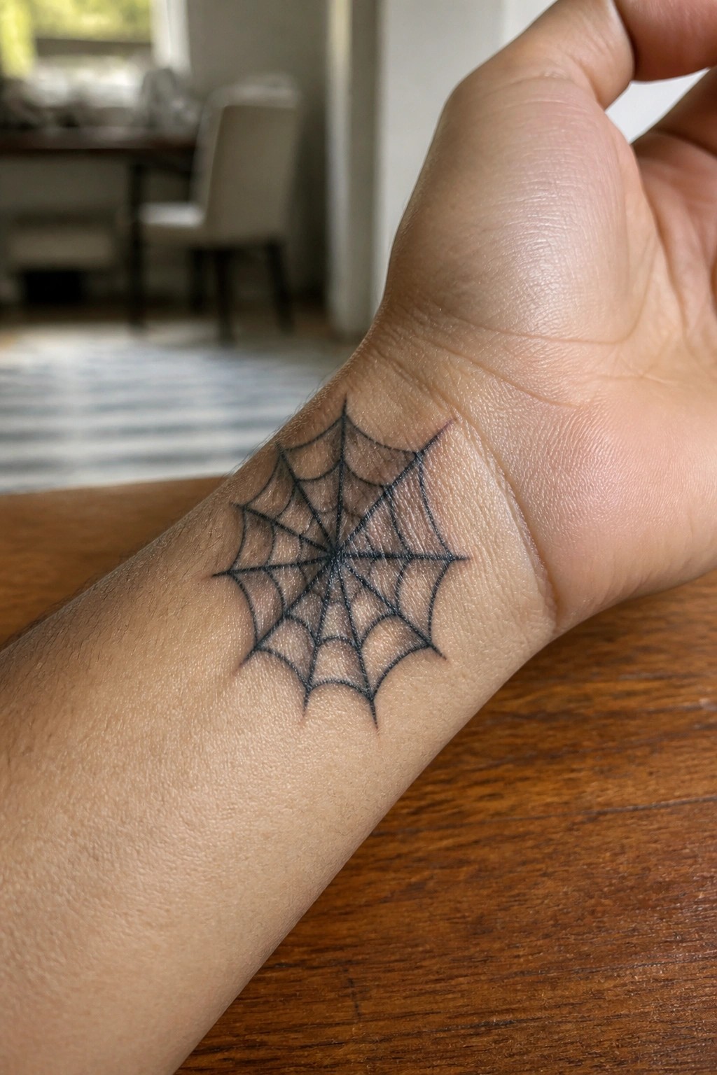 Hand with black spider web tattoo resting on wooden table