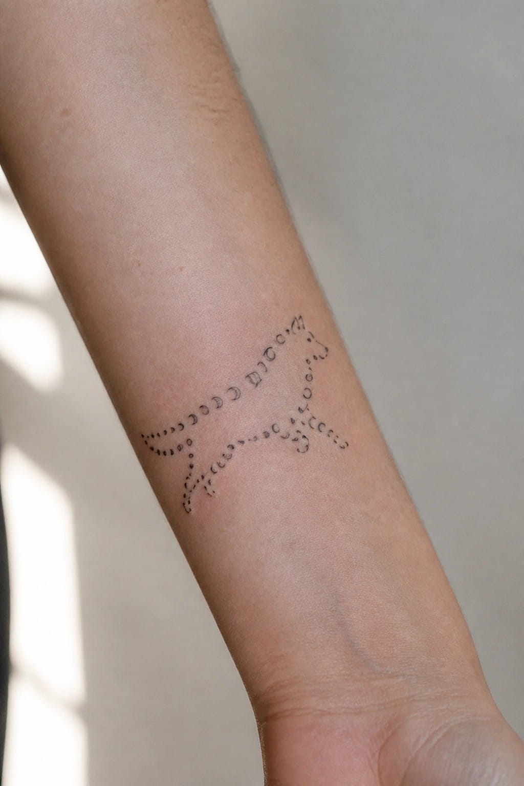 Forearm showing a tattoo of a cat created with small black dots
