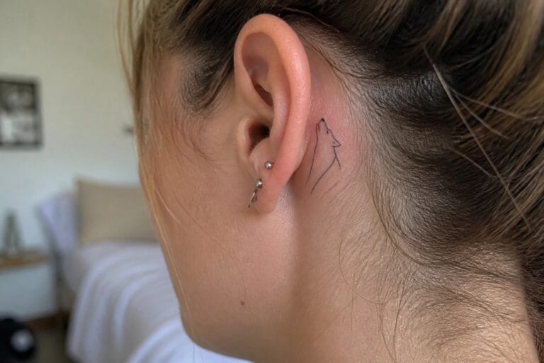 Line art wolf tattoo behind ear, hand holding back dark hair.