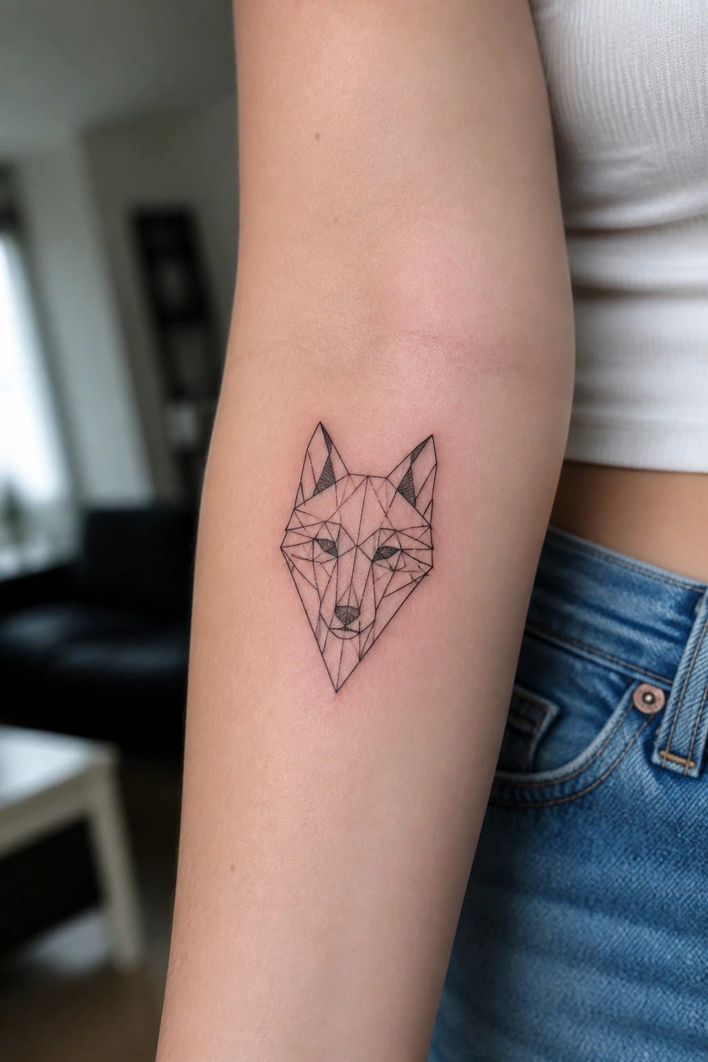 Geometric fox tattoo on forearm beside white top and blue jeans