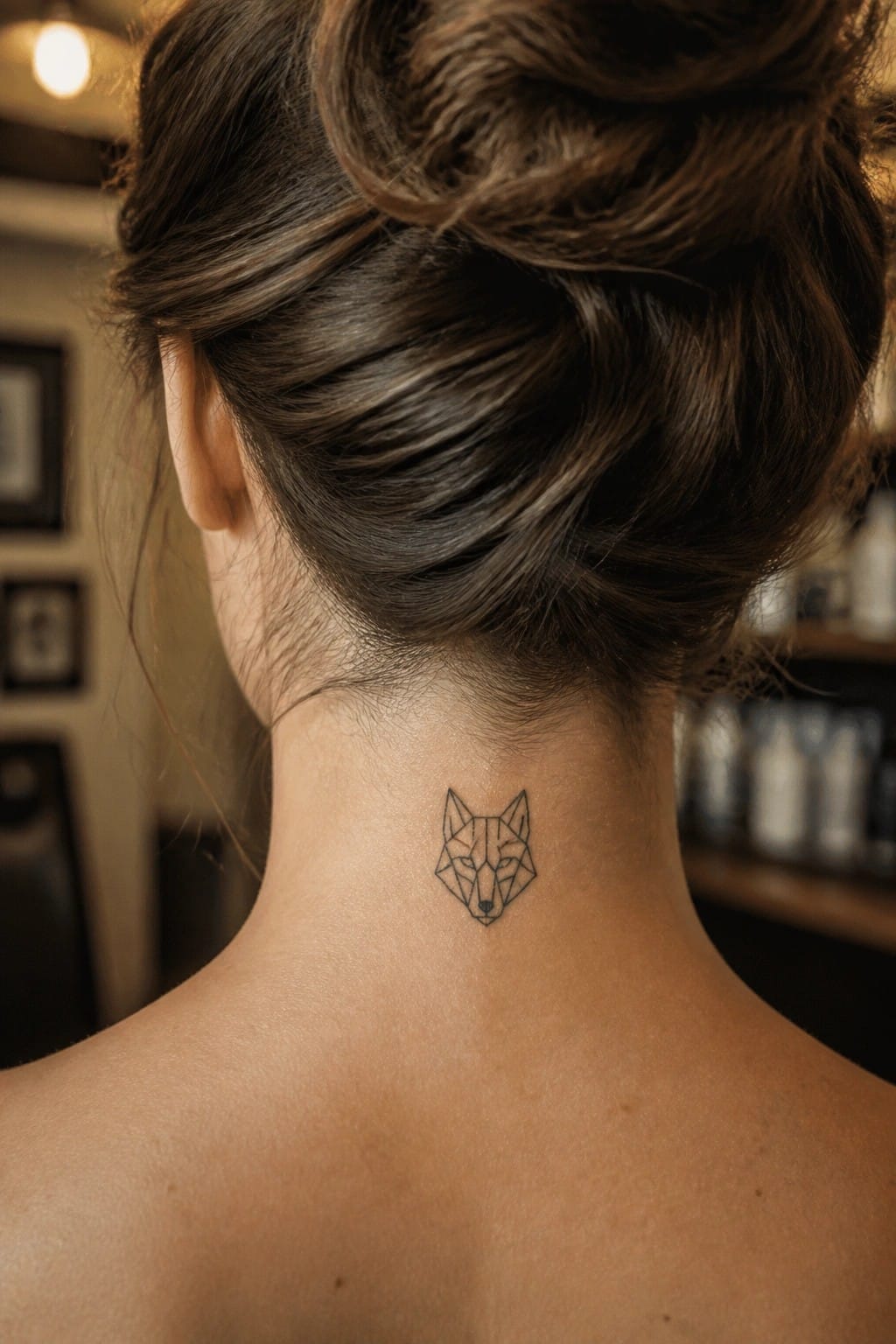 Small geometric wolf head tattoo on the back of a woman's neck below a bun.
