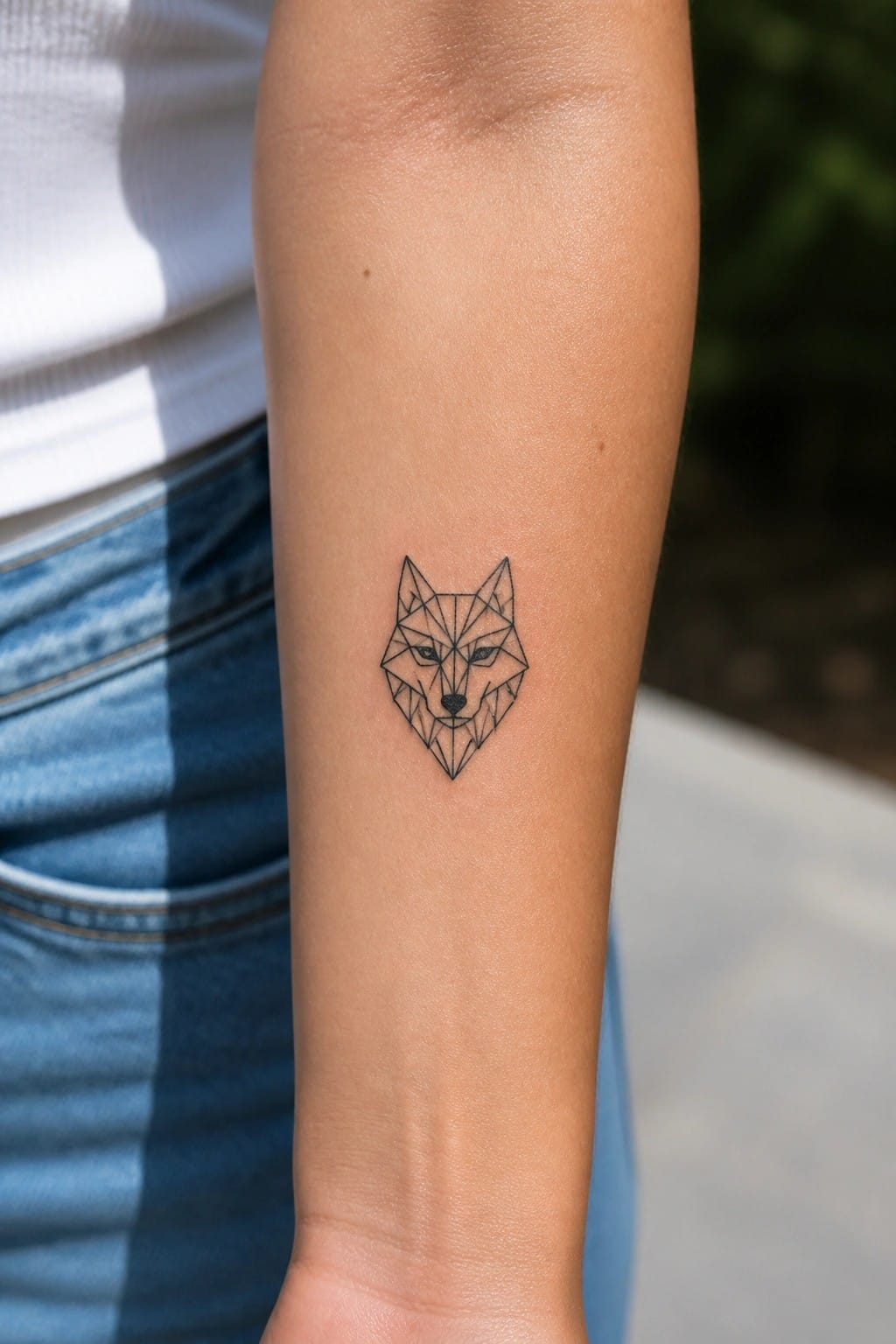 Geometric fox tattoo on forearm with white shirt and blue jeans