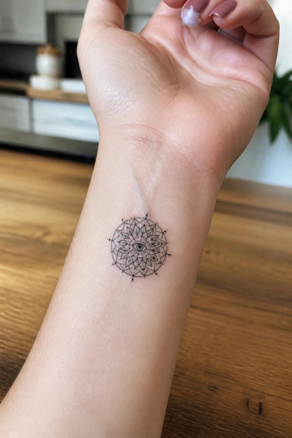 Small black mandala tattoo with an eye at the center on the inner wrist