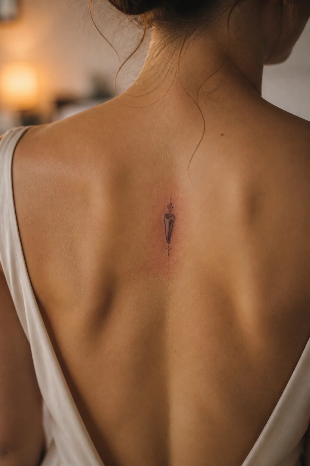 Woman's upper back with small tooth tattoo and white low-back top in warm light
