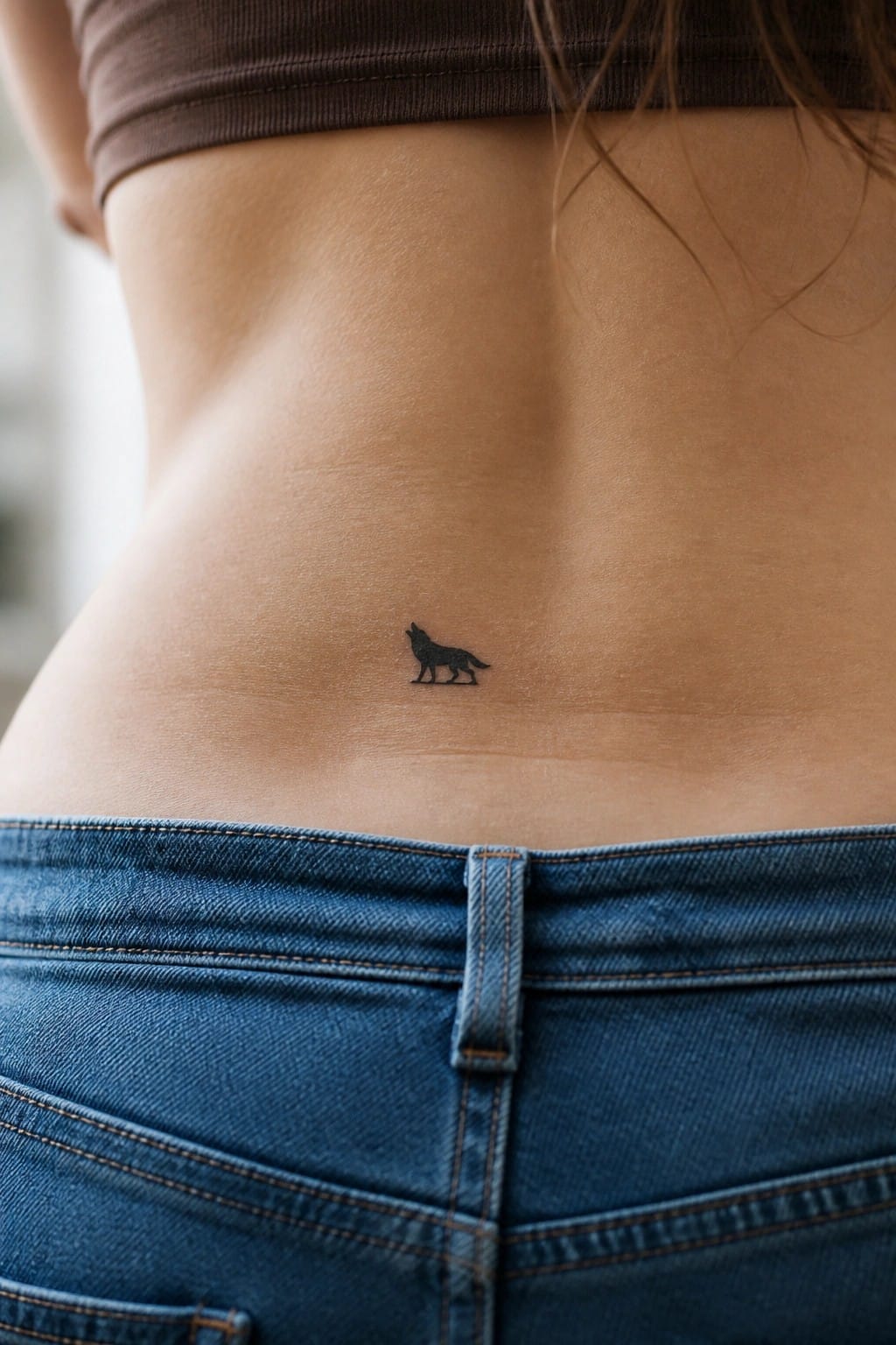 Small black wolf tattoo on lower back above blue denim jeans