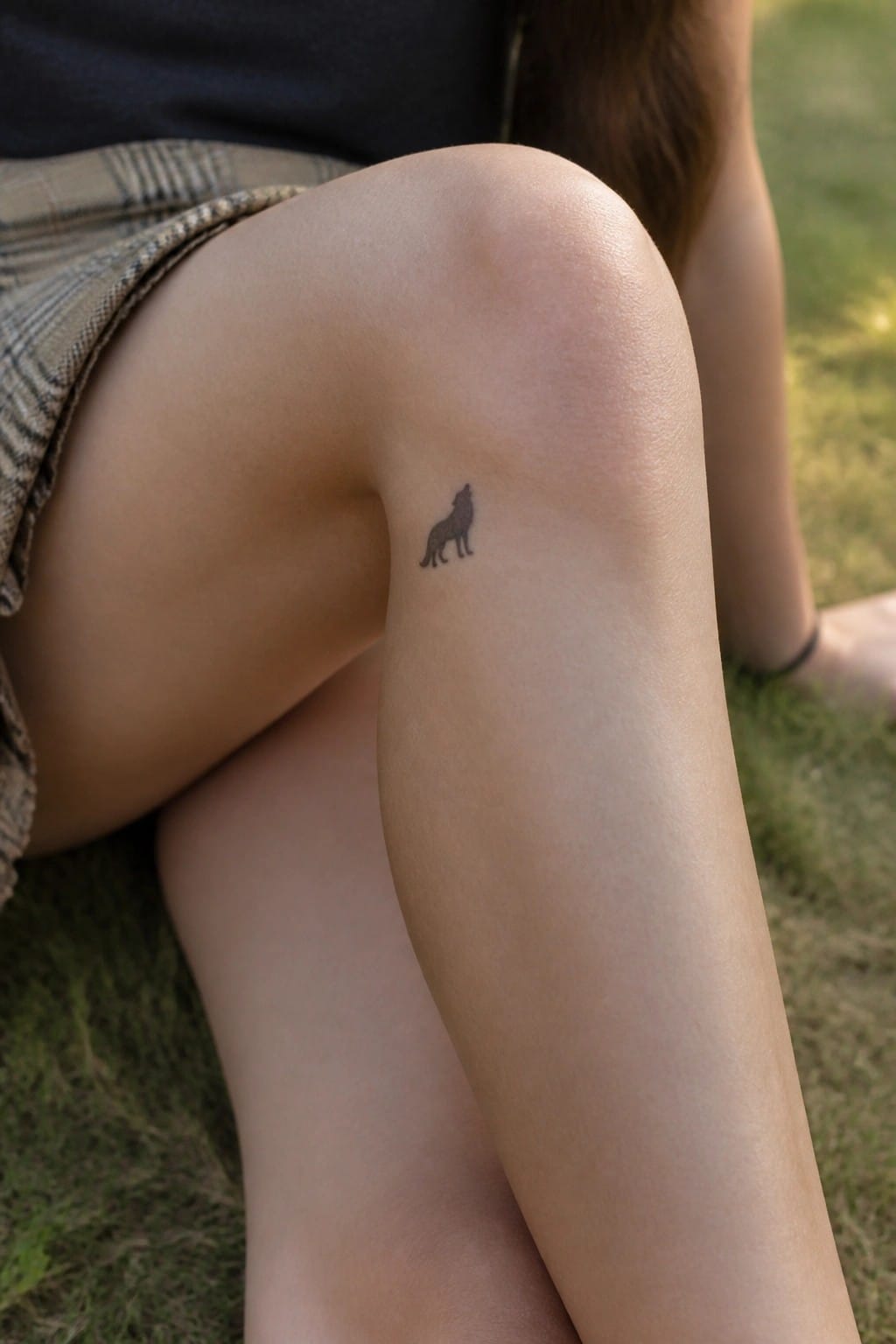 Small black wolf silhouette tattoo on a woman's thigh