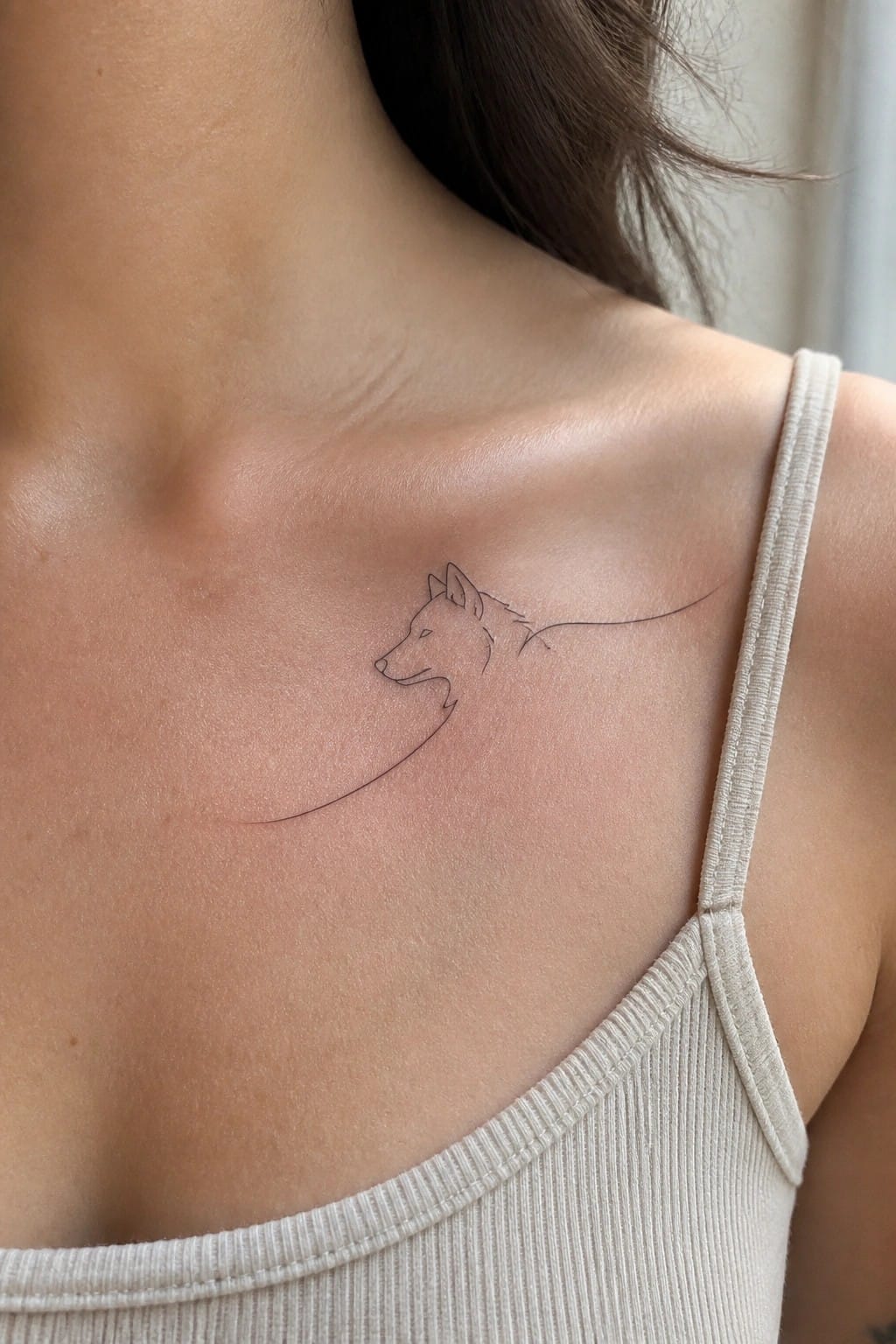 Line drawing wolf tattoo on shoulder above beige tank top strap