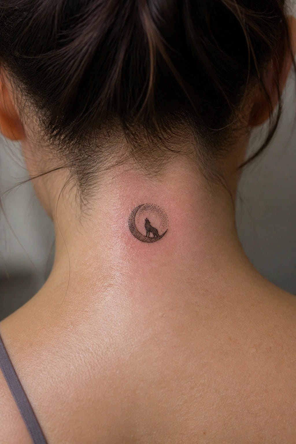 Wolf silhouette in dotted crescent moon tattoo on back of neck with dark hair