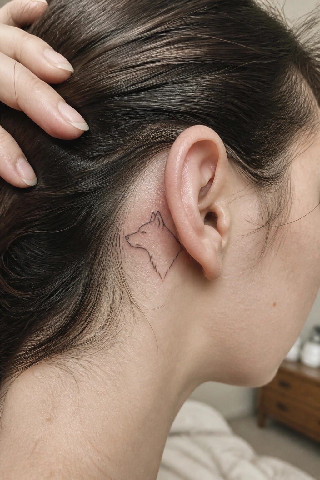 Line art wolf tattoo behind ear, hand holding back dark hair.