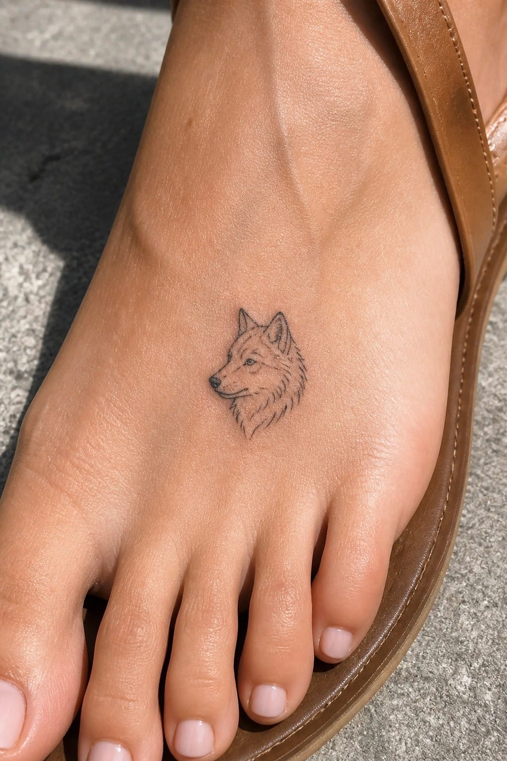 Small fine line wolf head tattoo placed on the top of a woman's foot