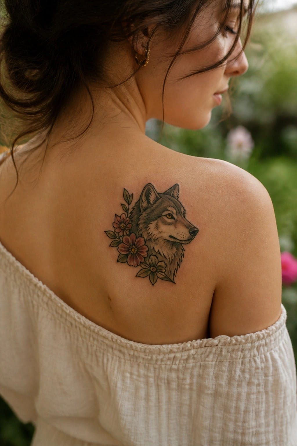 Woman's shoulder with wolf and floral tattoo, wearing off-shoulder white top.