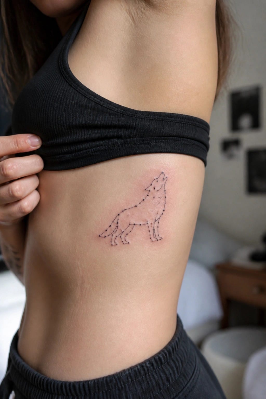 Small dot connected wolf tattoo placed on the side of a woman's torso near the ribs