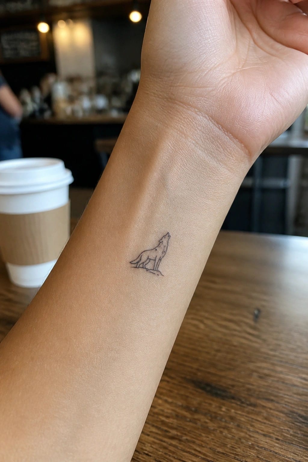 Howling wolf line tattoo on wrist beside coffee cup on wooden table