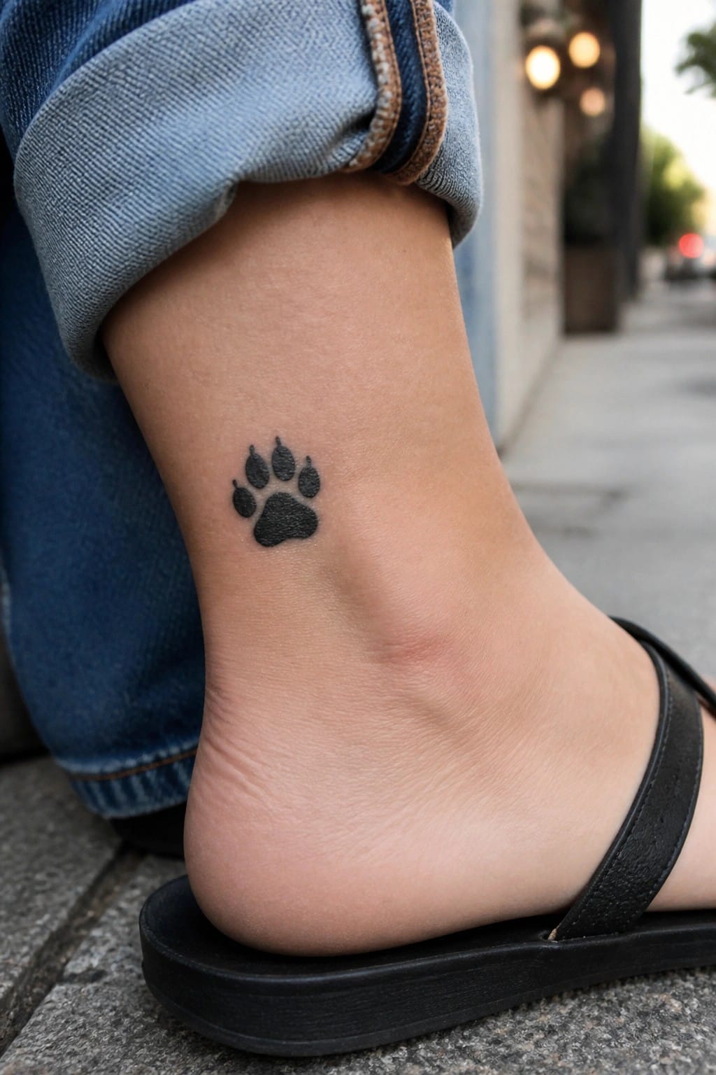 Small black wolf paw print tattoo on the ankle