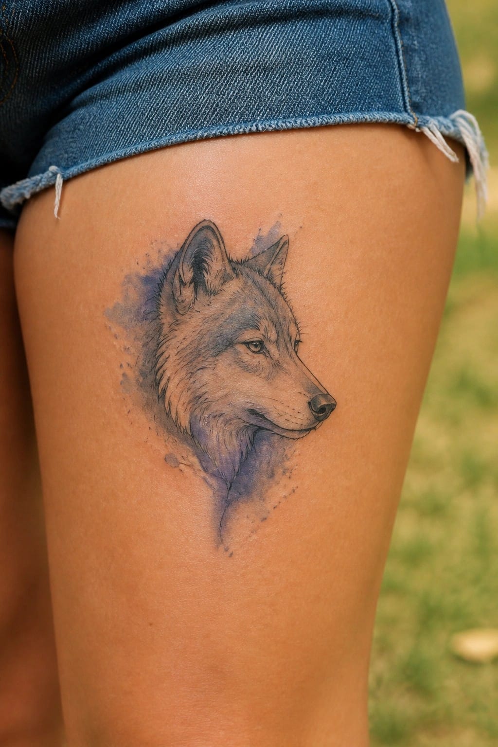 Wolf head tattoo with blue splashes on thigh below denim shorts