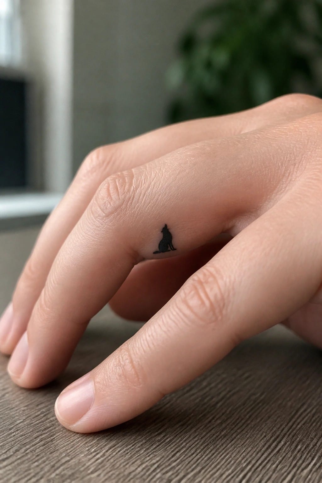 Hand with small black cat tattoo resting on wooden surface