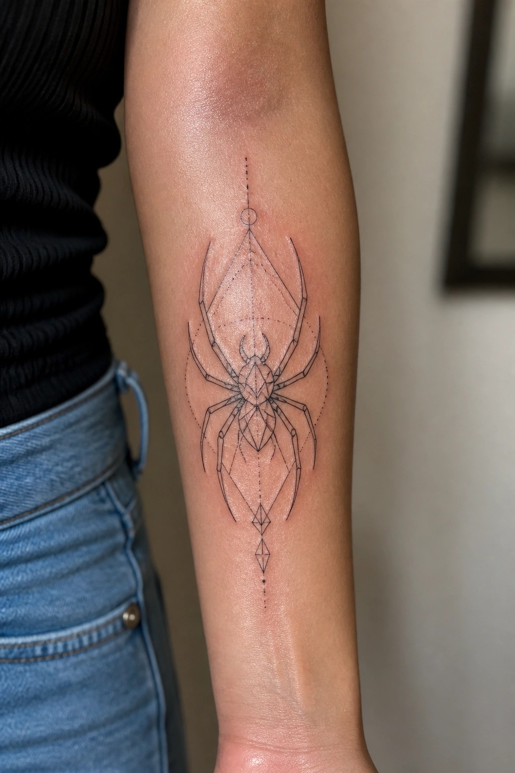 Minimalist black ink spider tattoo with geometric lines placed vertically on the inner forearm.