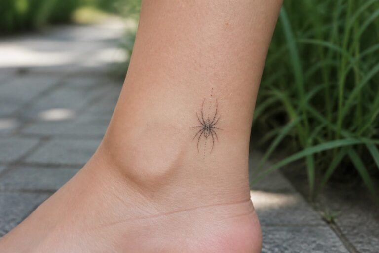 19 Chic Minimalist Spider Tattoo Designs for Women in Clean Black Ink Minimalist black ink spider tattoo on the ankle with fine lines and dotted vertical accents