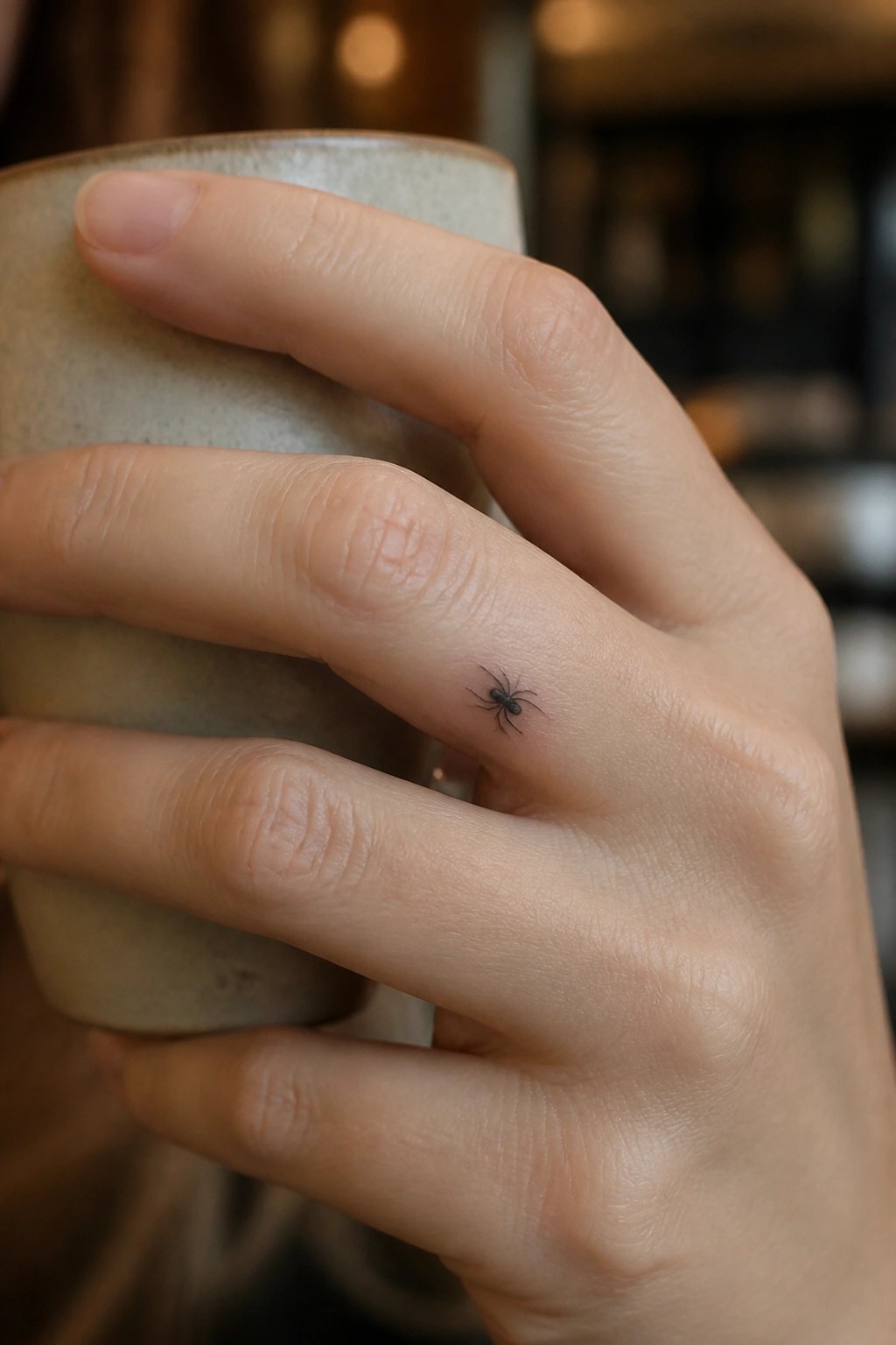 Minimalist black spider tattoo on the side of a finger holding a ceramic cup