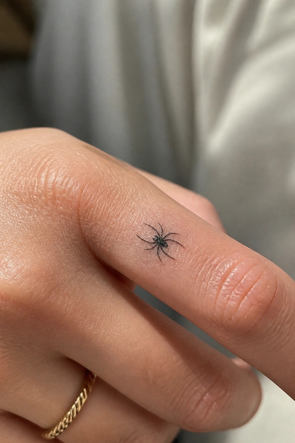 Tiny black spider tattoo on finger beside gold chain ring