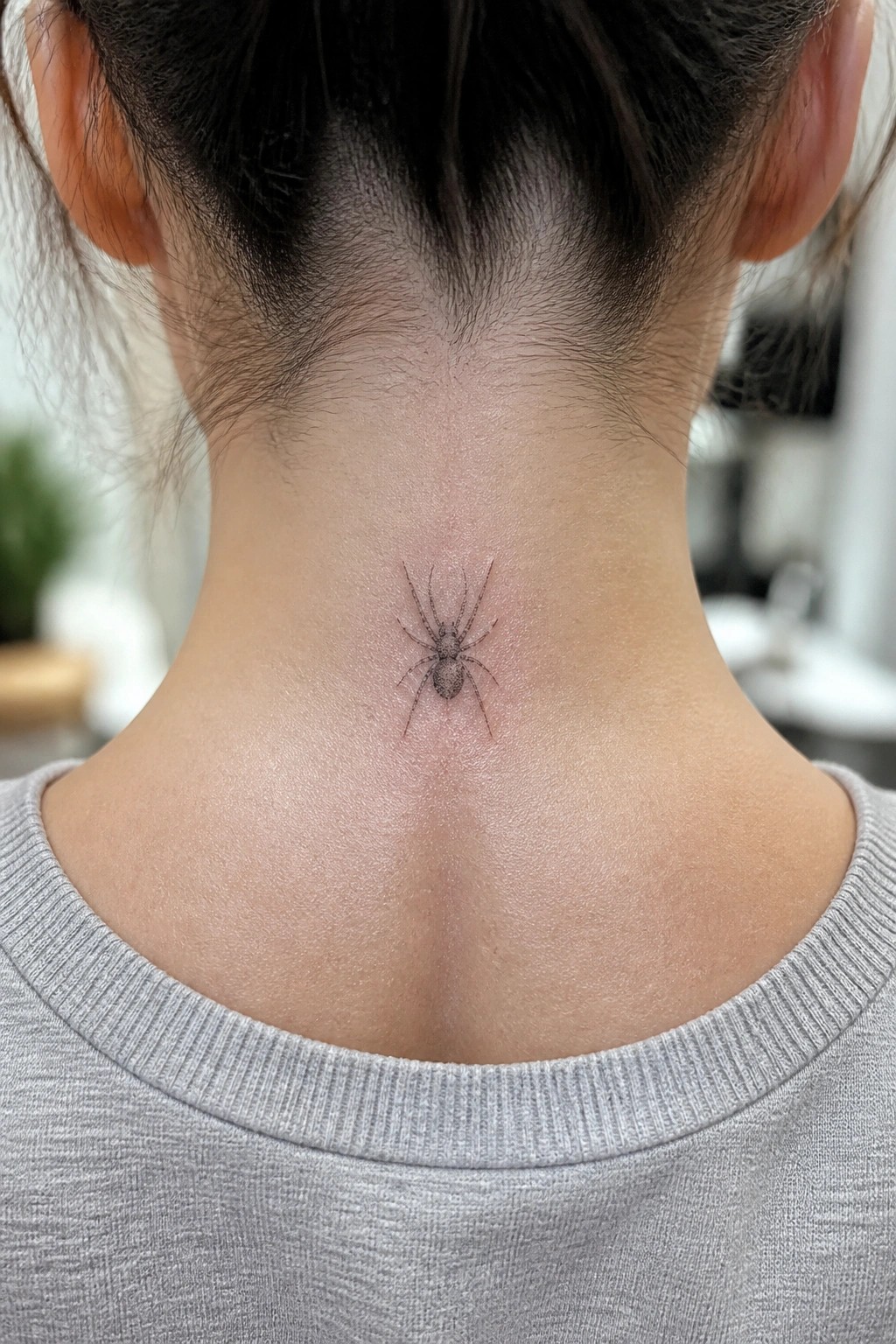 Small black spider tattoo centered on the nape of the neck in clean minimalist style