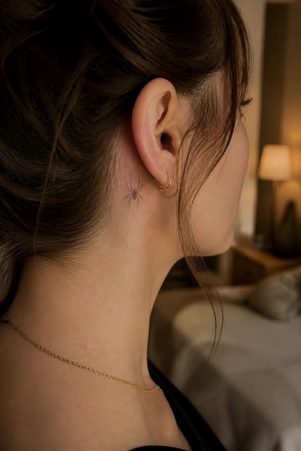 Woman's neck with spider tattoo behind ear, gold earrings and necklace.