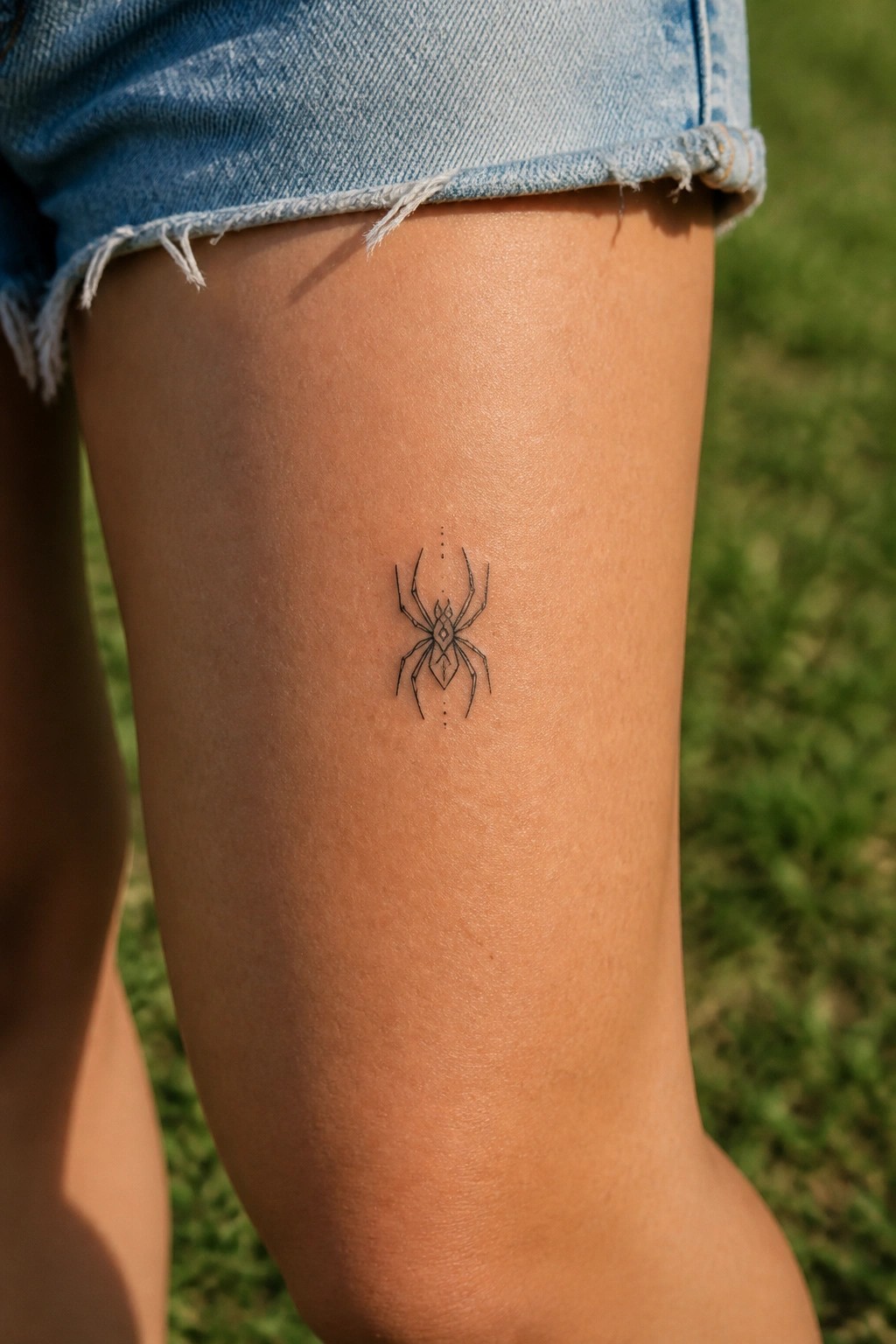 Minimalist black ink spider tattoo on a woman's thigh with thin lines and geometric body details.