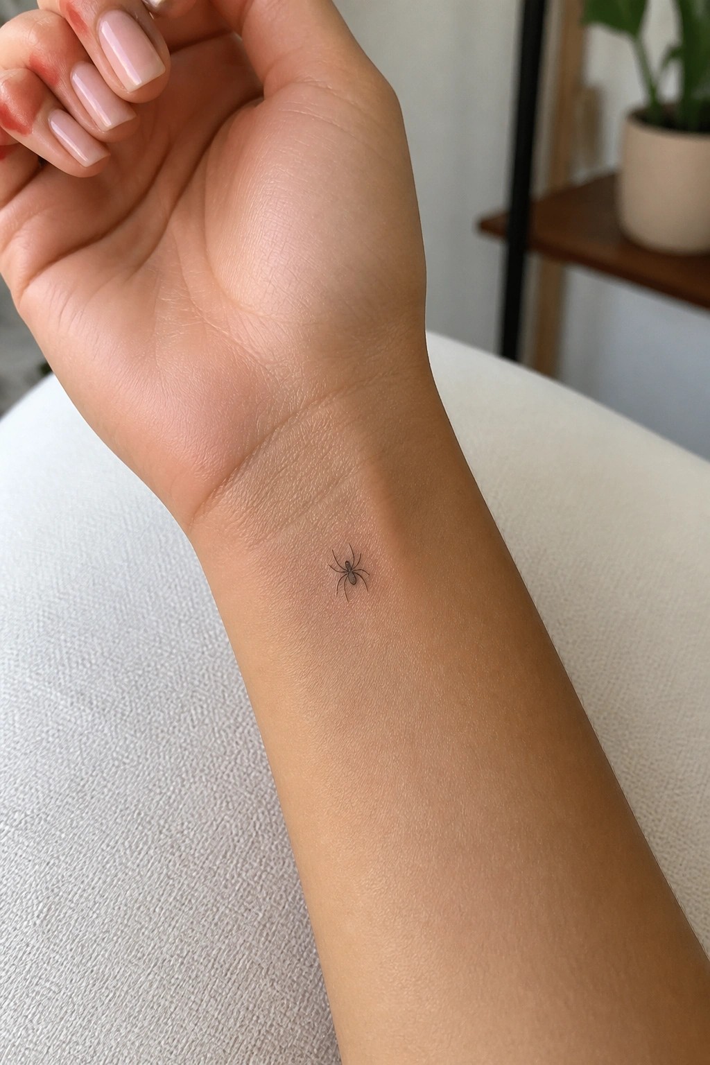 Small spider tattoo on inner wrist with light pink manicured nails