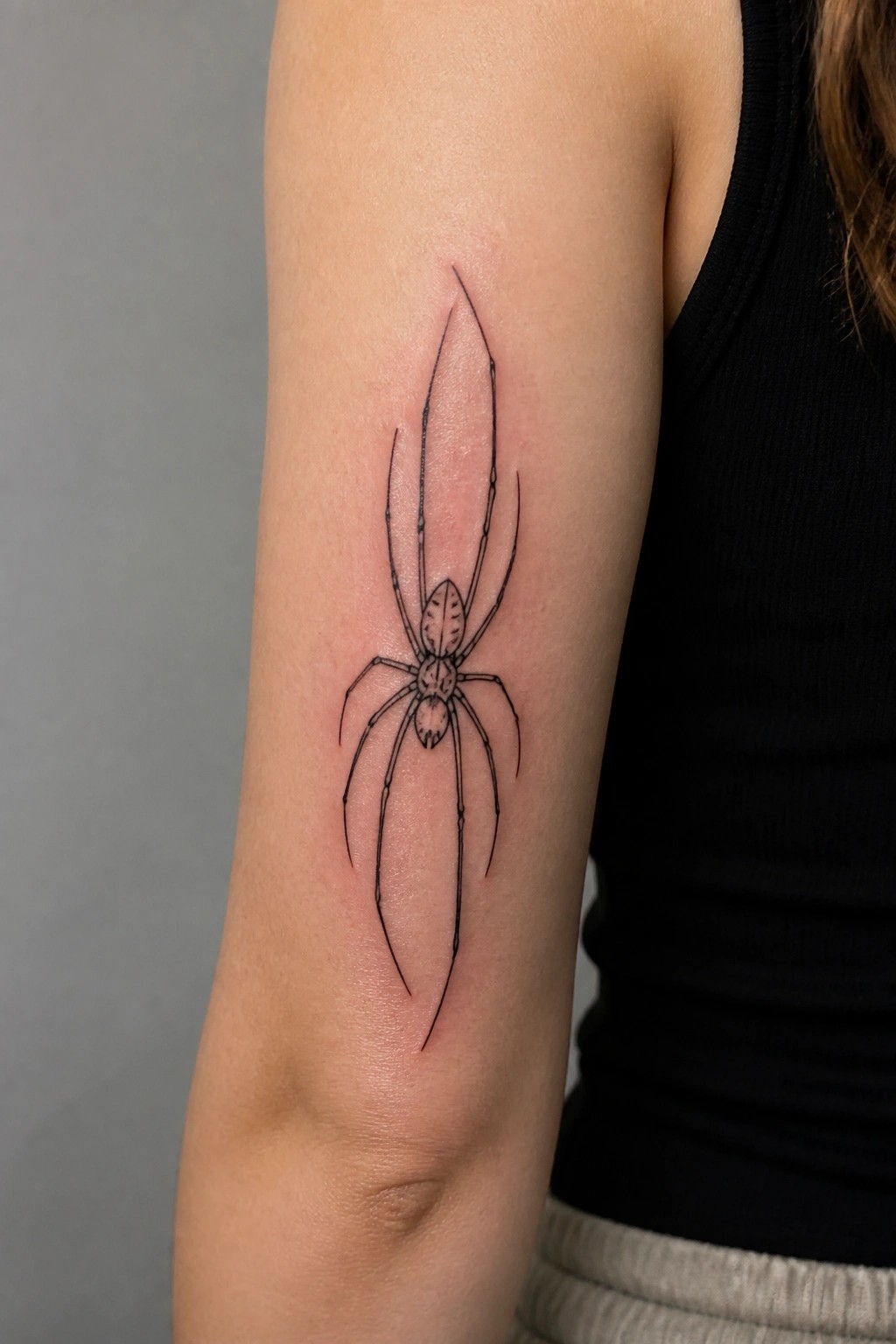Minimalist black line spider tattoo placed vertically on the inner upper arm with elongated legs and fine outlines.