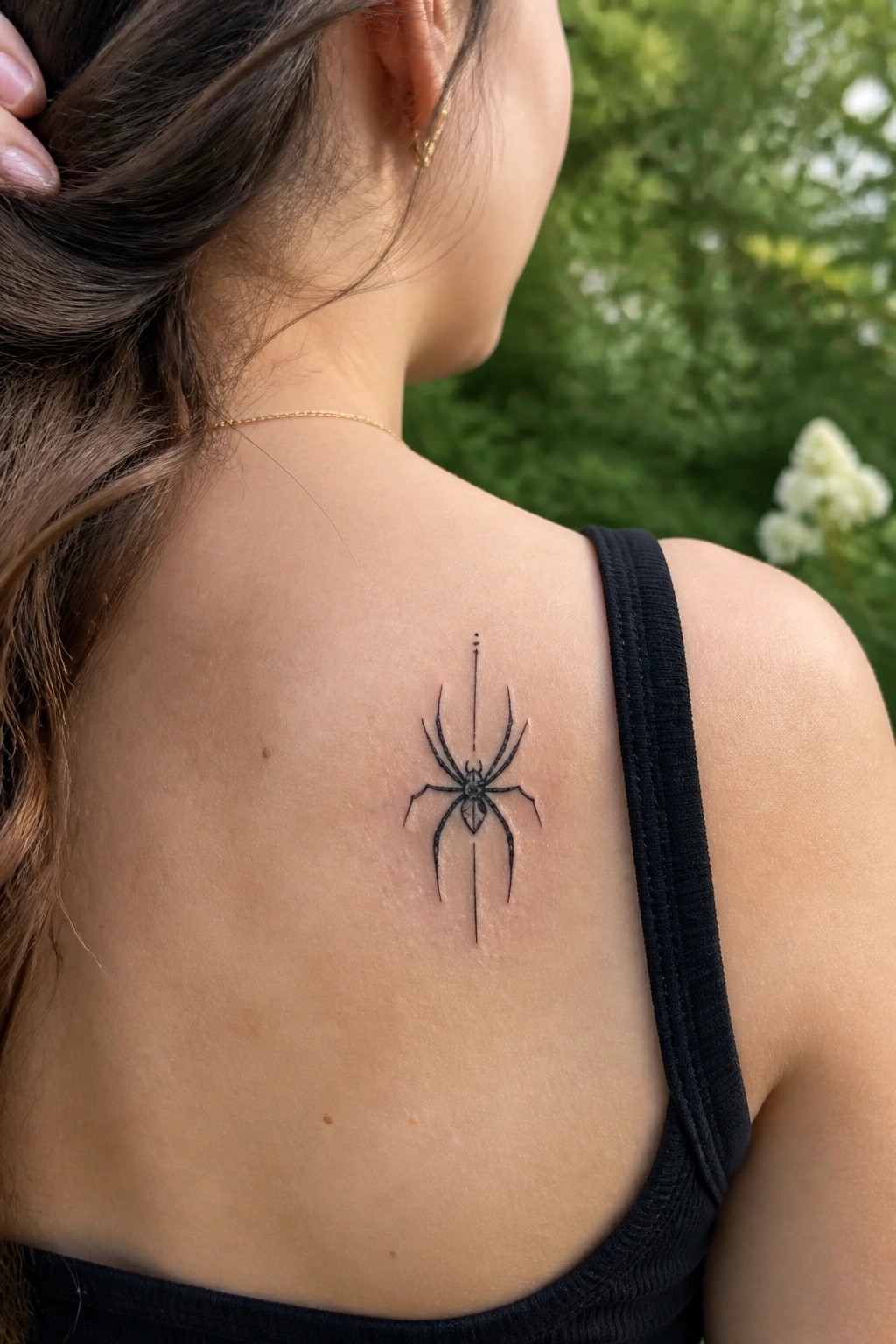 Woman's shoulder with black spider tattoo above black tank top strap, gold necklace visible.