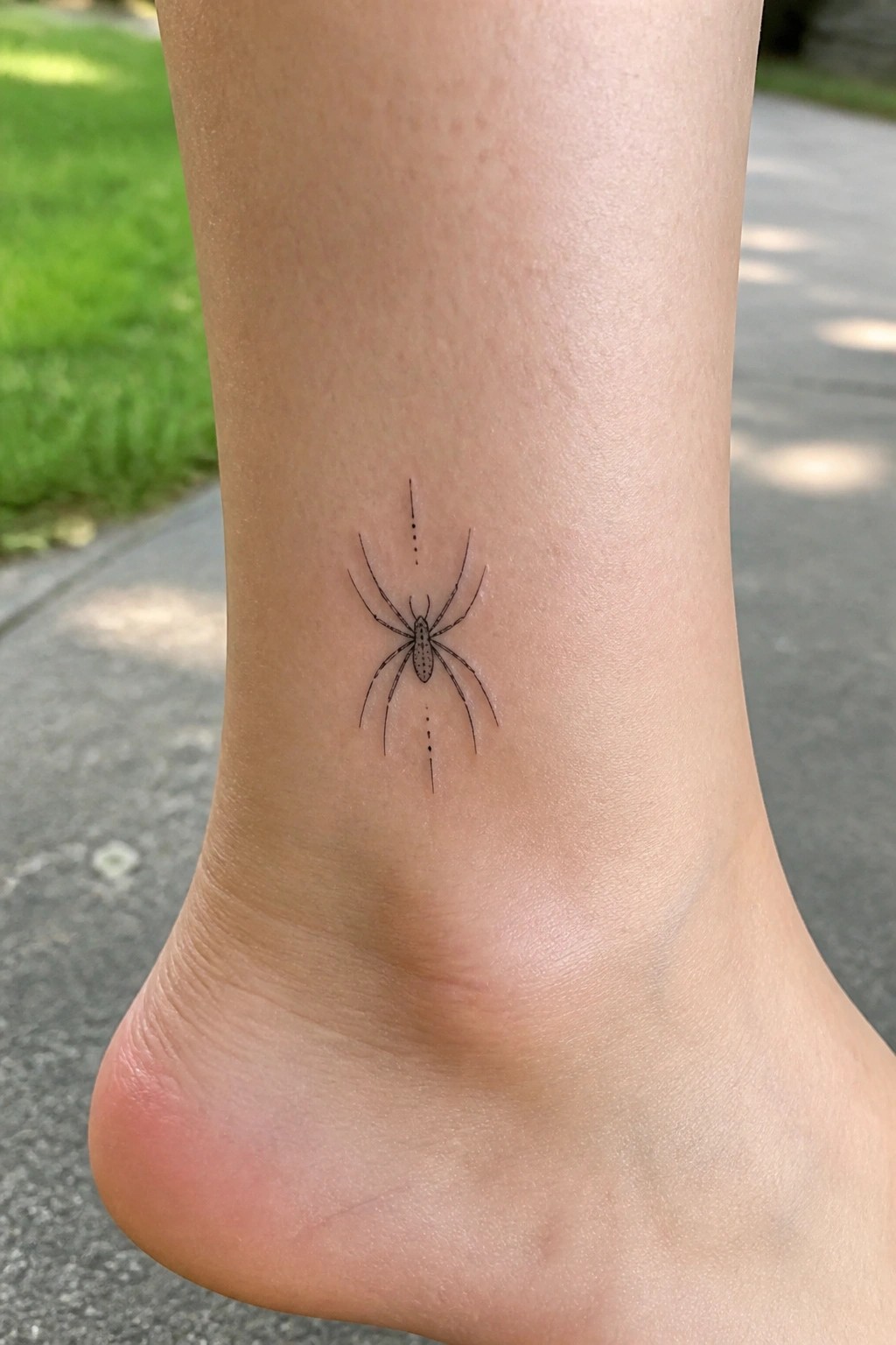 Minimalist black ink spider tattoo on the ankle with fine lines and dotted vertical accents