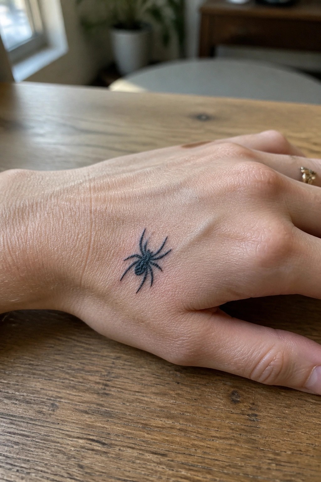 Small black spider tattoo on the back of a hand in clean minimalist style.