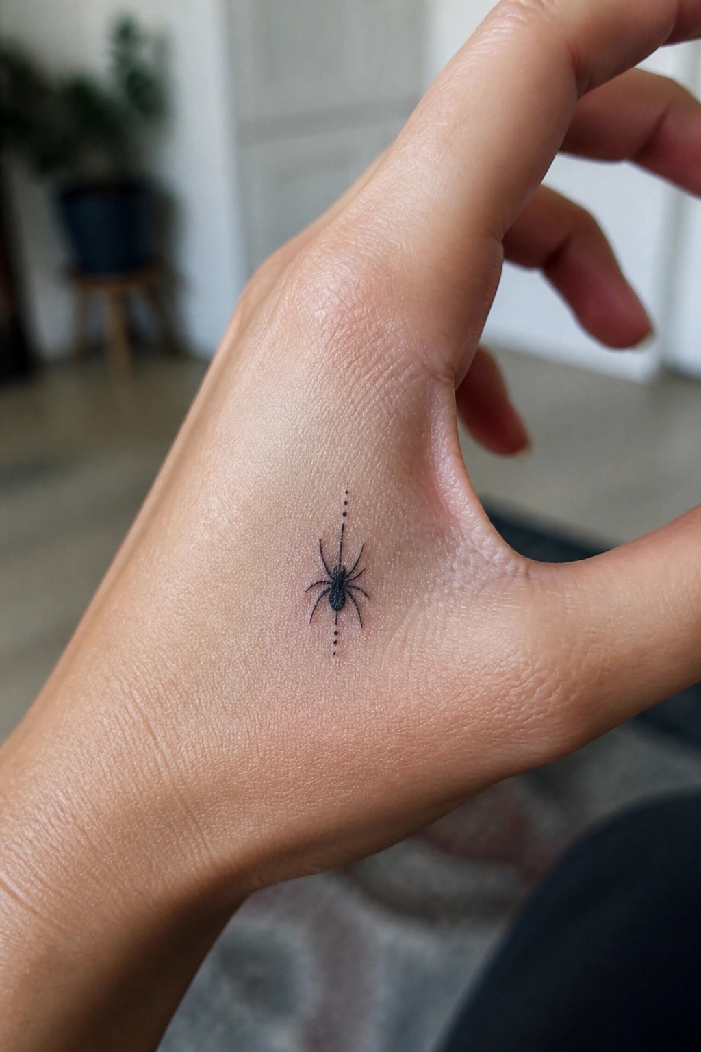 Hand with small black spider tattoo and dotted lines on palm.