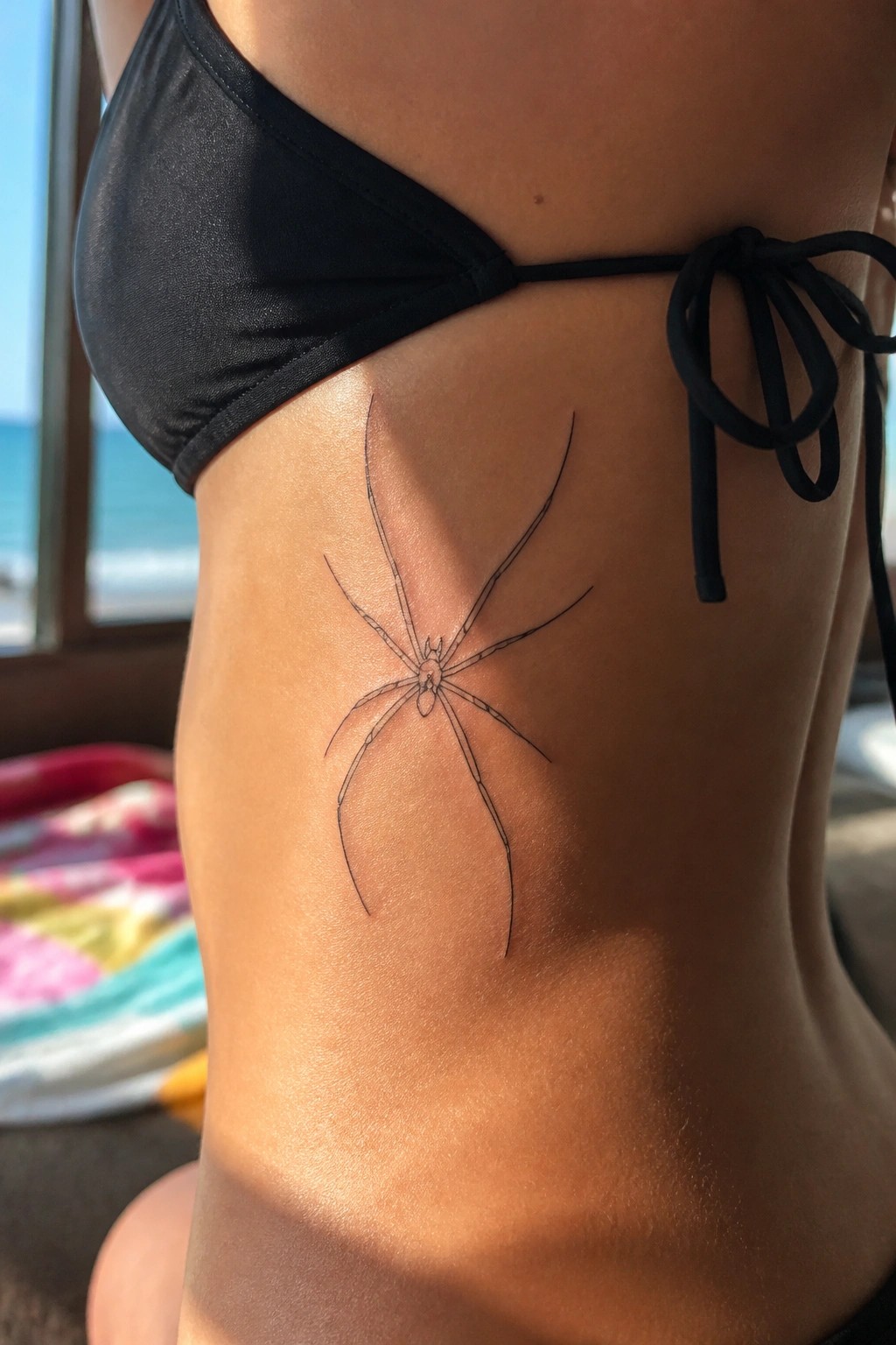 Spider tattoo on ribcage below black bikini top with ocean view window