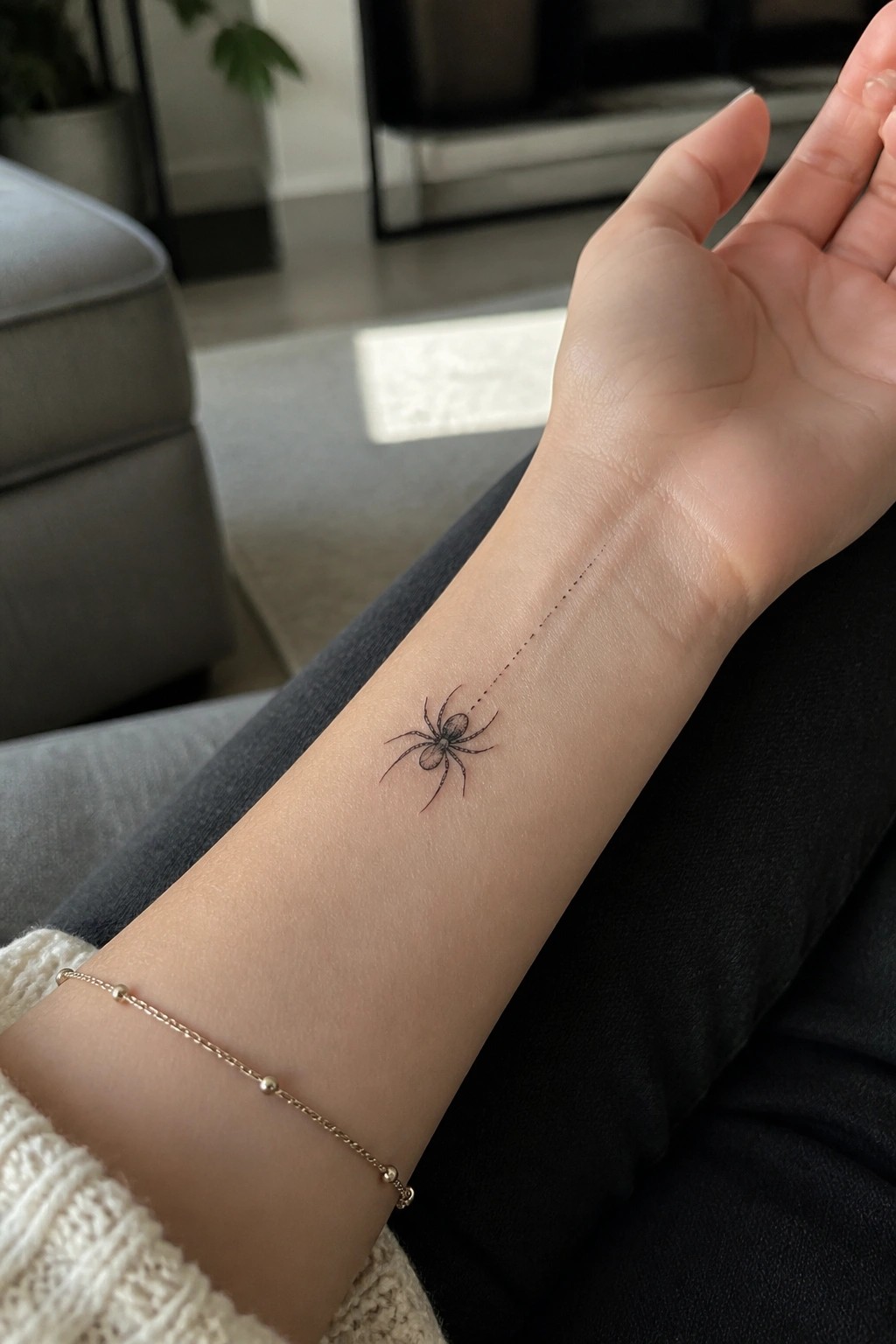 Wrist with black spider tattoo and dotted line, gold bracelet, white knit sweater