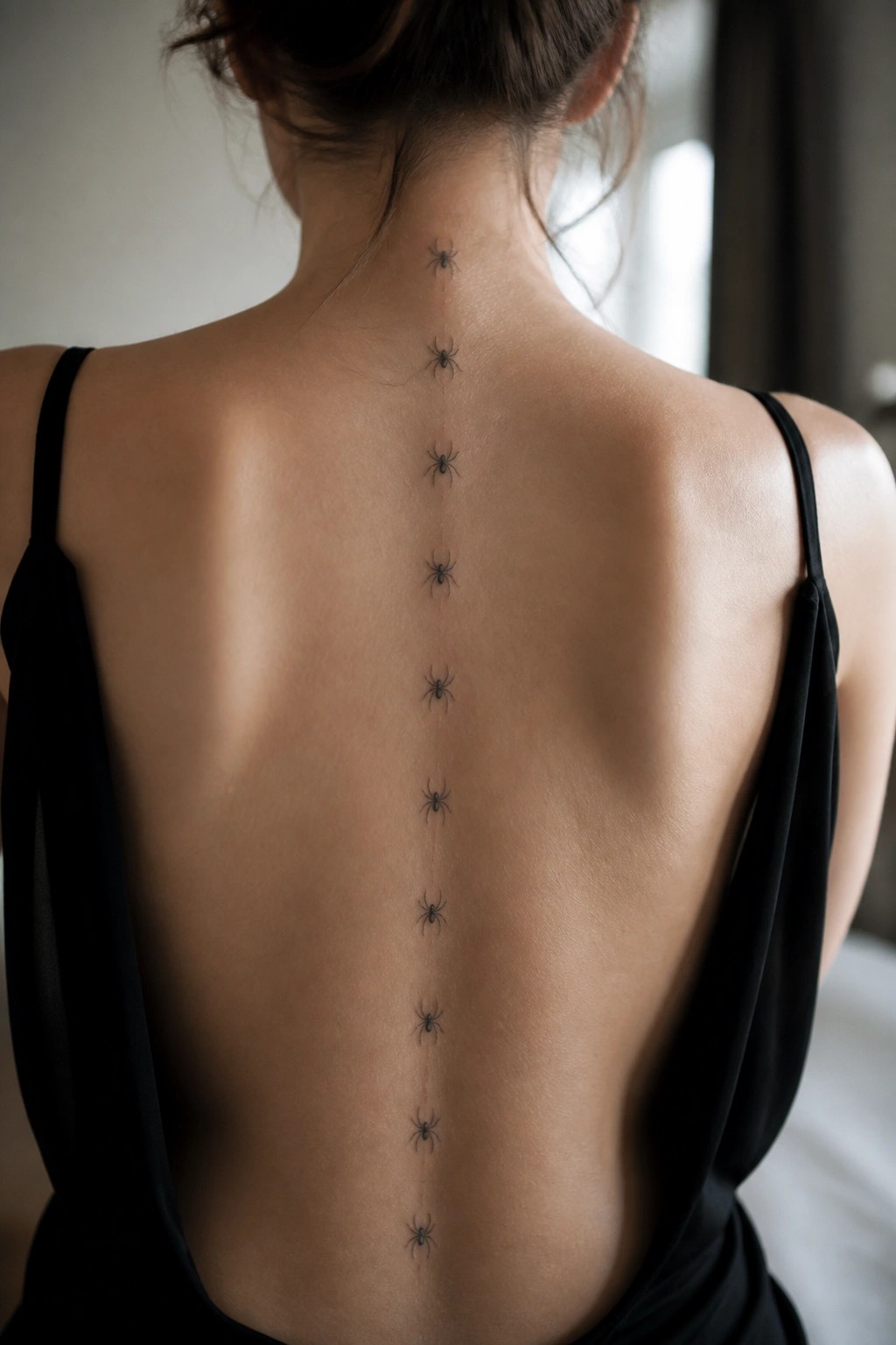 A vertical row of small black spider tattoos running down a woman's spine in minimalist style.