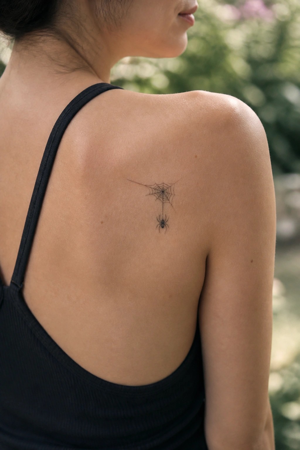 Woman's shoulder with spiderweb tattoo and hanging spider above black tank top.