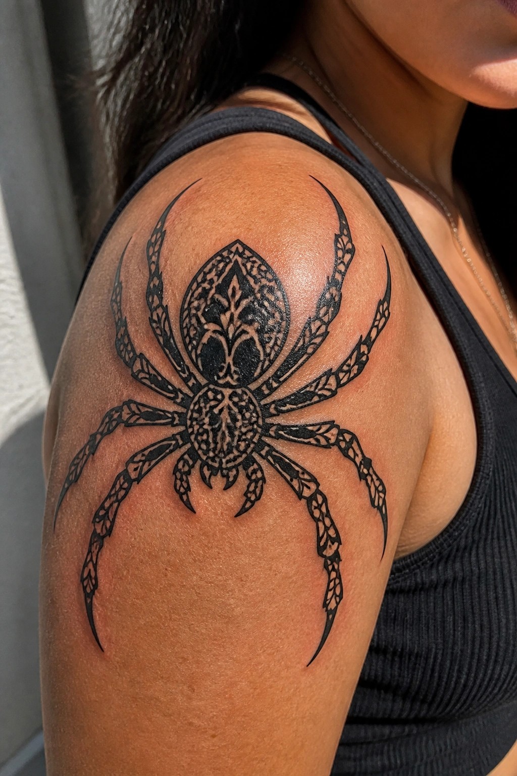 Detailed black spider tattoo on shoulder above black tank top strap.
