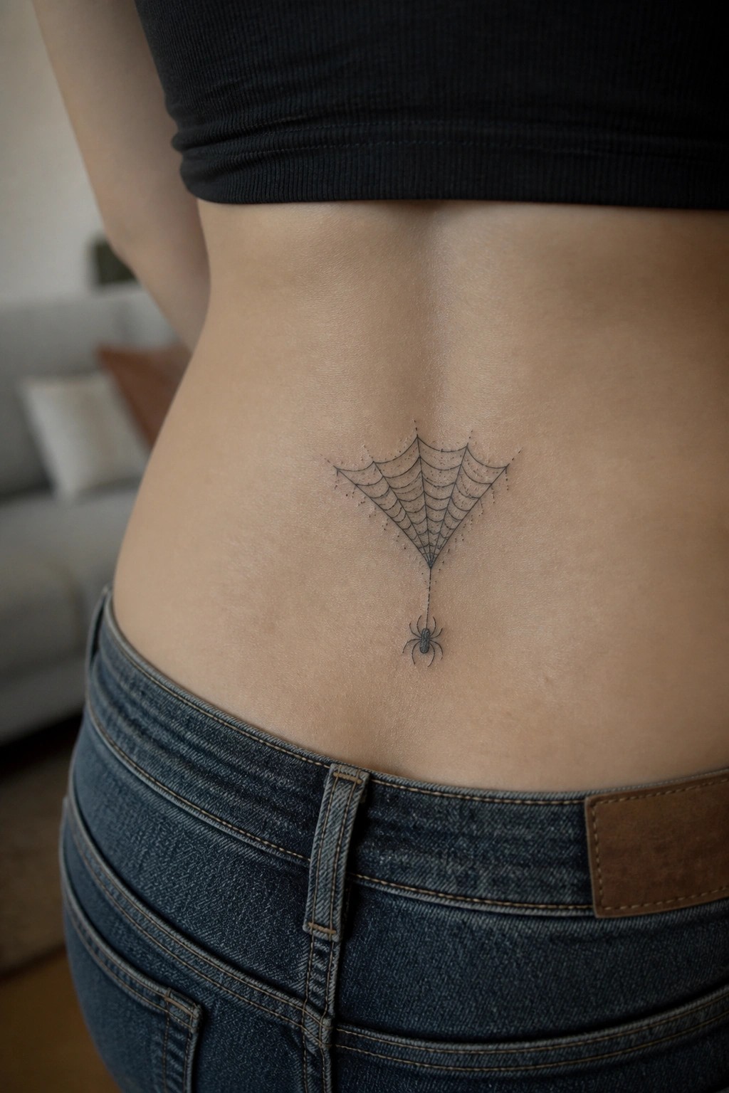 Spider web tattoo with dangling spider on lower back above blue jeans