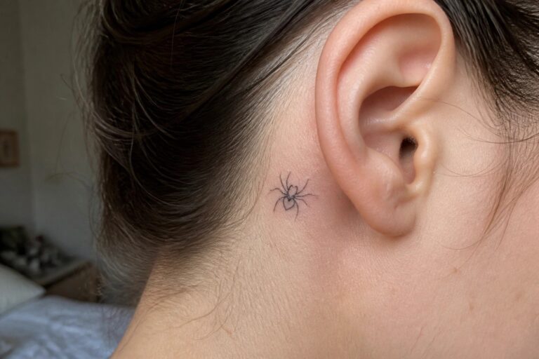 19 Cute Spider Tattoo Ideas for Women That Add Playful Charm Without Losing Edge Close-up of small spider tattoo with heart behind a person's ear