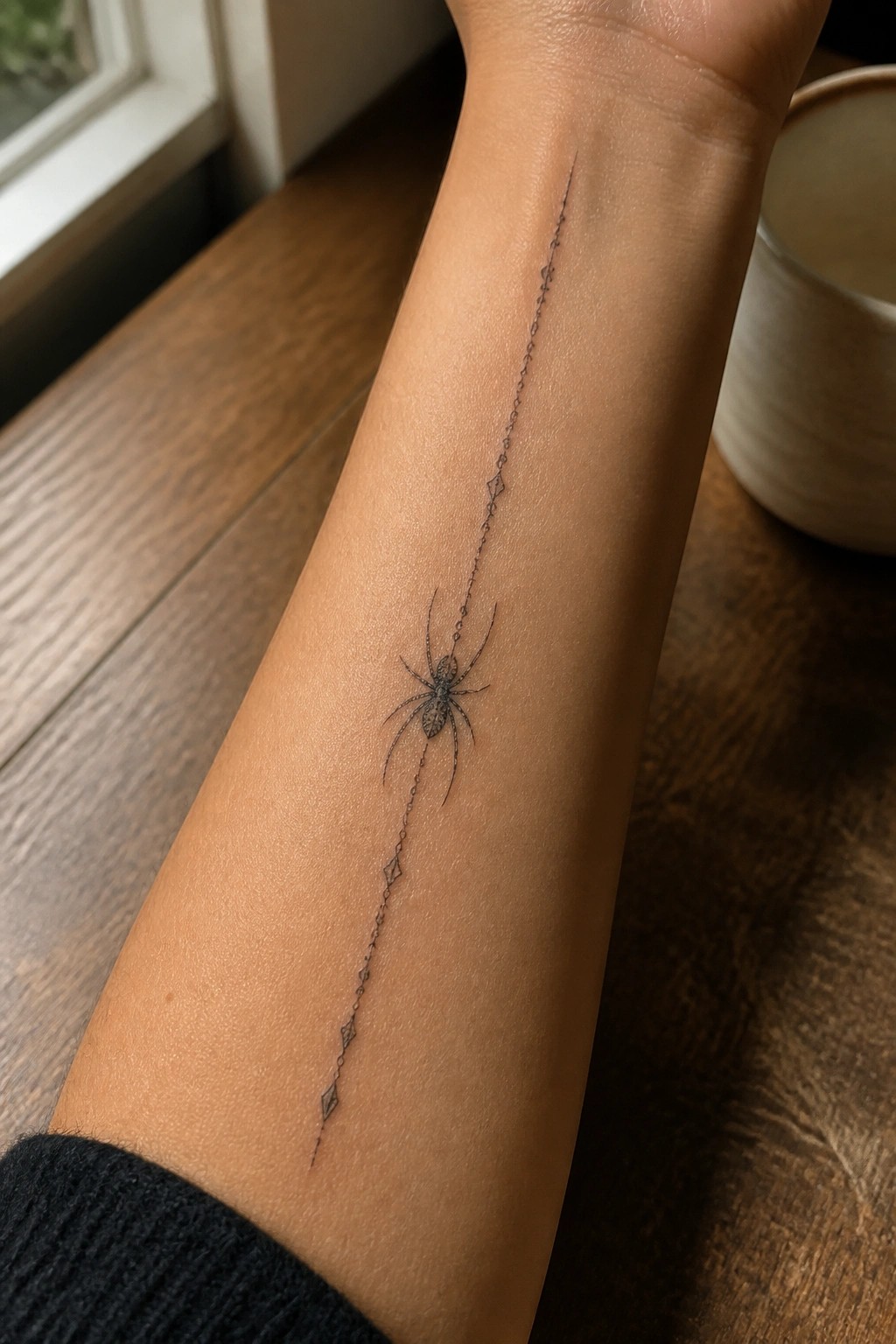 Spider tattoo with dotted chain lines on forearm over wooden table