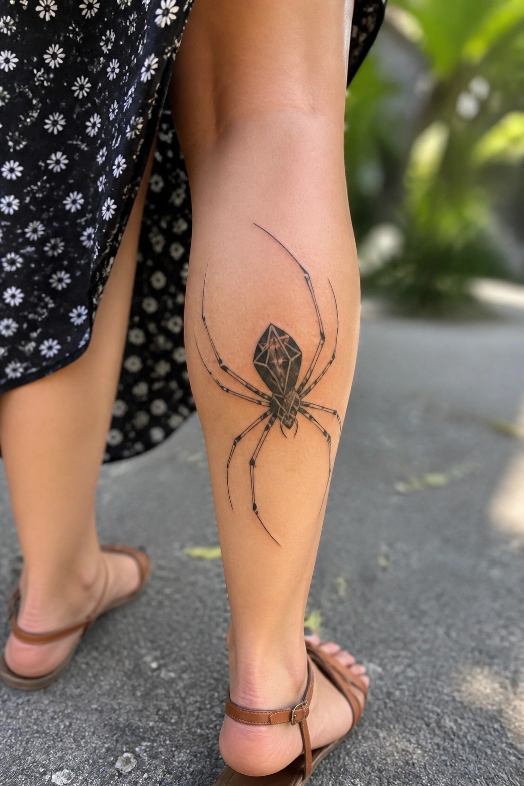 Black geometric spider tattoo on a woman's lower leg above the ankle.