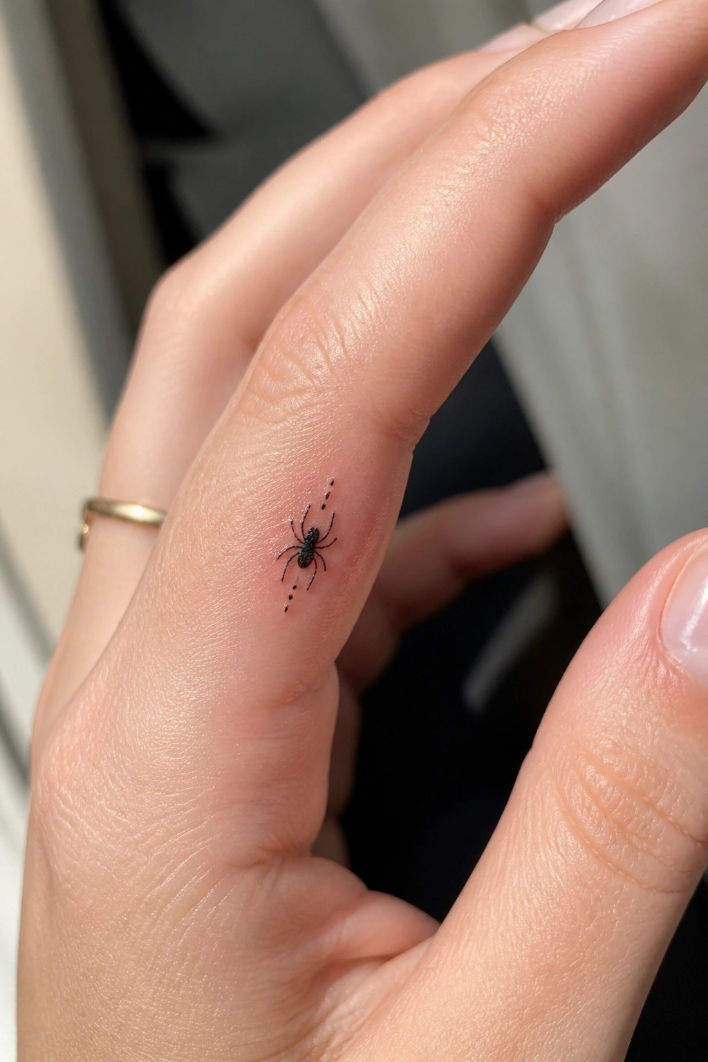 Tiny spider tattoo with dotted trail on finger, gold ring visible.