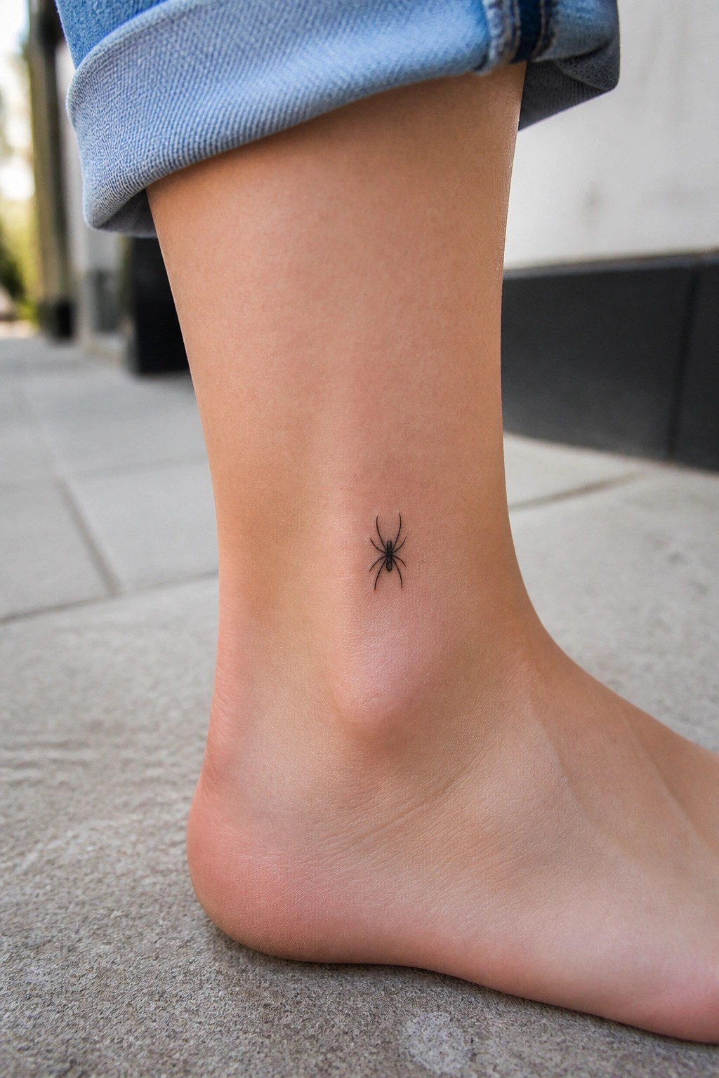 Small black spider tattoo on ankle below rolled blue denim jeans cuff