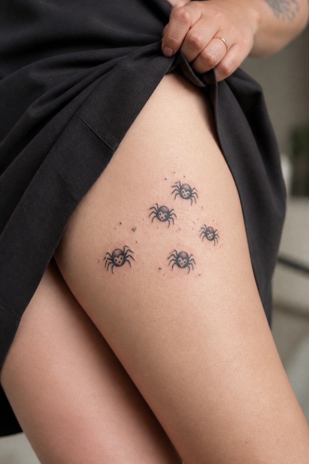 Thigh with five small spider tattoos, black fabric lifted by ringed hand.