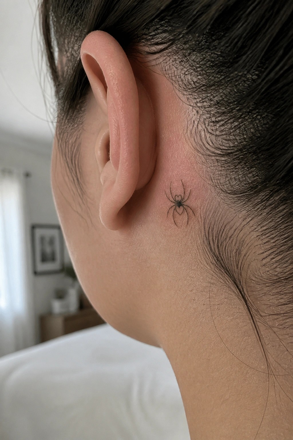 Close-up of small spider tattoo with heart behind a person's ear